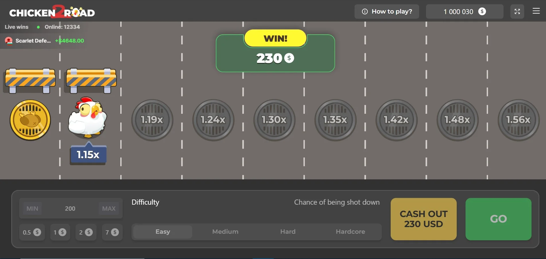 Interfaccia scommessa Chicken Road 2